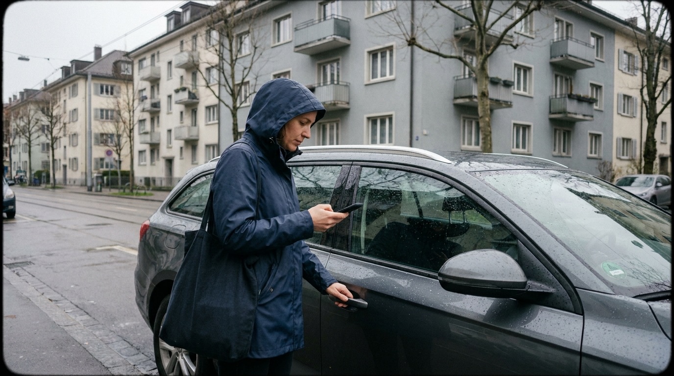 A woman unlocks a parked car with her phone on a street in Zurich