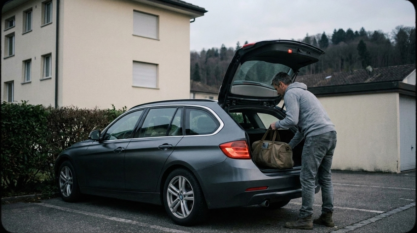 A man loads his travel bag into the boot of a grey BMW 3 Series Touring estate on a Swiss residential street, with no desk and no staff