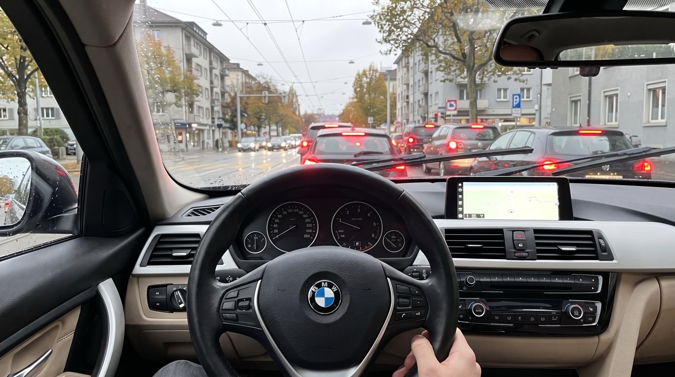 View from the driver's seat of a DRAIV 3 series over the wheel onto a Zurich street of stopped traffic in the rain