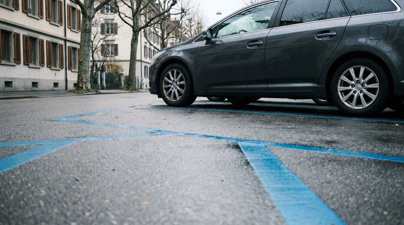 Parking bays marked in blue at the roadside, wet asphalt in front and a grey estate car seen from the side