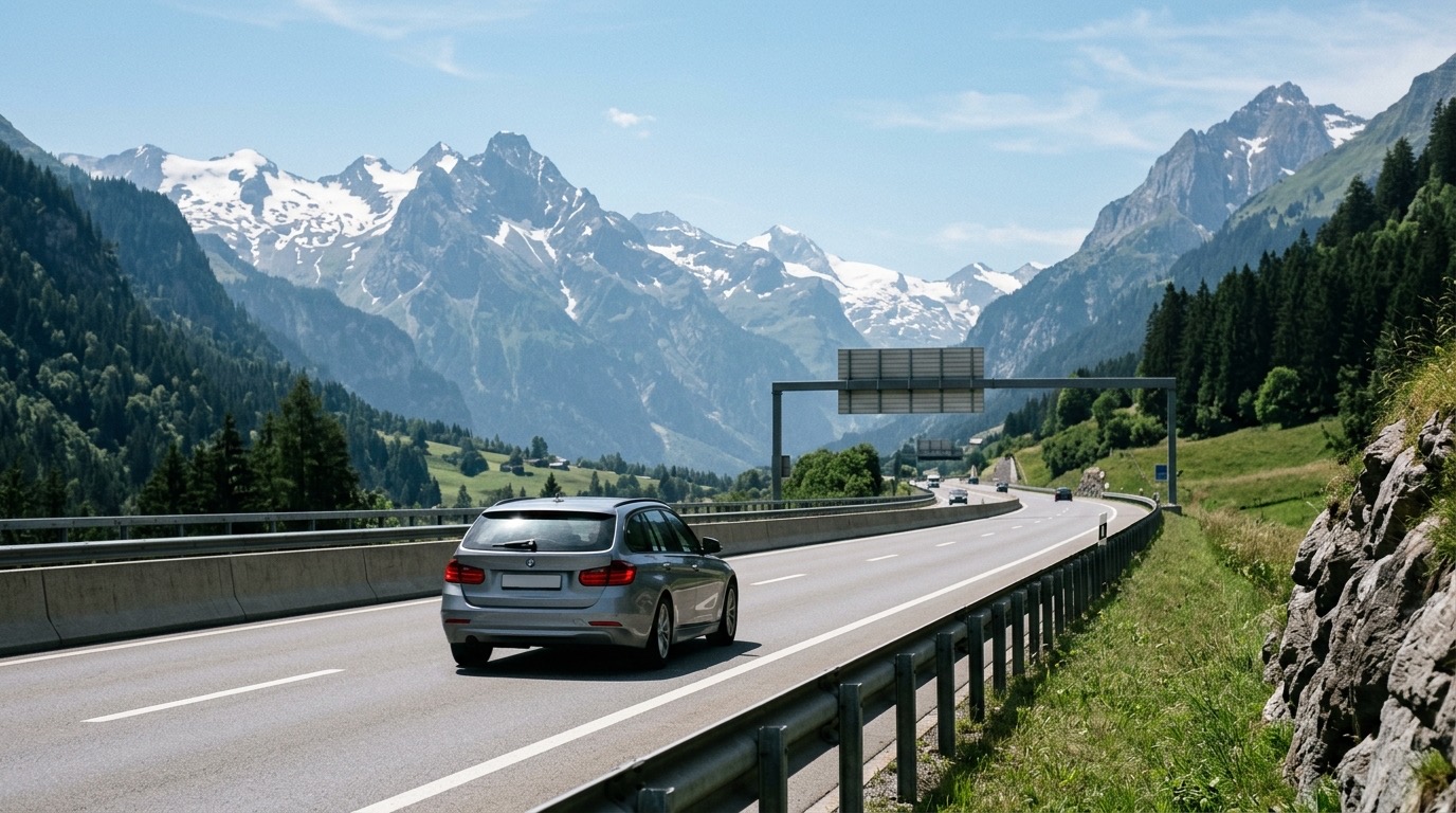 A silver estate car drives an alpine Swiss motorway toward a mountain crossing, snow-capped peaks in the distance