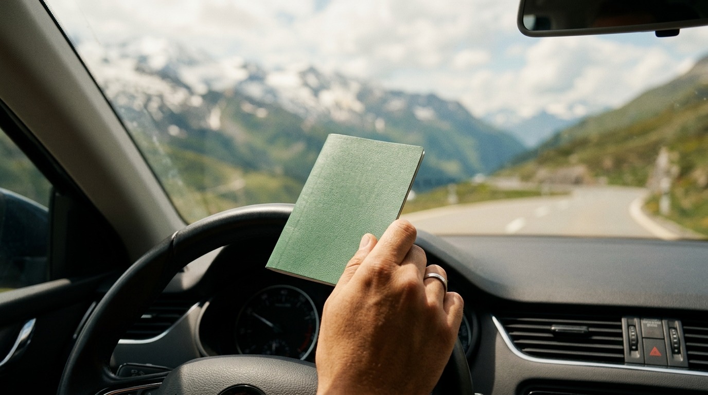 A hand holds a green booklet above the steering wheel, a Swiss alpine road visible through the windscreen