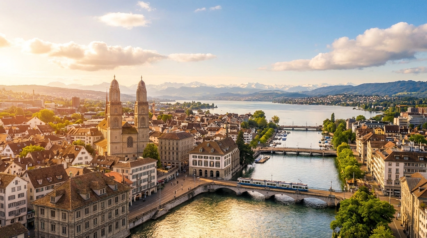 Blick auf die Zürcher Altstadt mit Grossmünster und Limmat